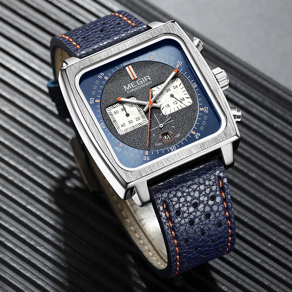 Polshorloges Megir Square Dial Chronograph Quartz horloges voor mannen Fashion Blue Leather Riem Casual Sport polshorloge met datum 24 uur 2182 230506