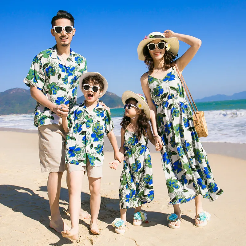 Passende Familienoutfits Eltern-Kind-Kleidung Sommerpaar Strandurlaub Kleidung für die ganze Familie Mutter-Tochter-Kleid-Hemd-Anzug 230506