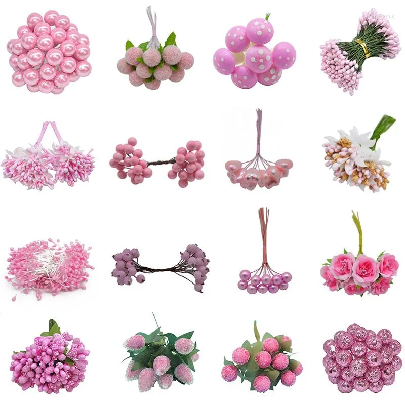 Decorative Flowers Mixed Pink Plant Flower Cherry Stamen Berries Bundle DIY Christmas Wedding Cake Gift Box Wreaths Decor