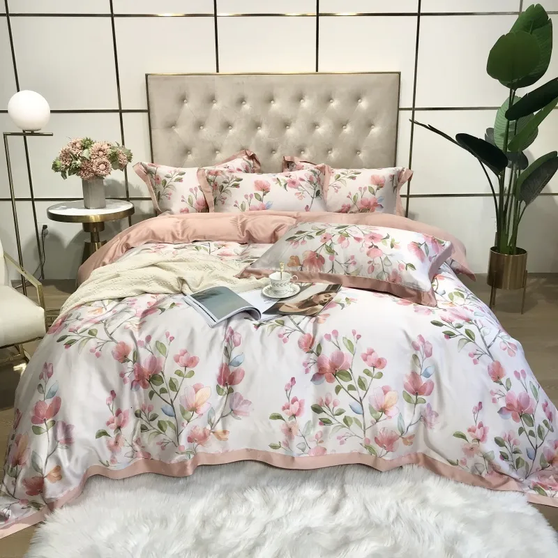 Bedding sets Summer Soft Bamboo Fiber Forest Floral Botanical Pattern Pink Bedding Set Natural Healthy Quilt Cover Set Bed Sheet Pillowcases 230506