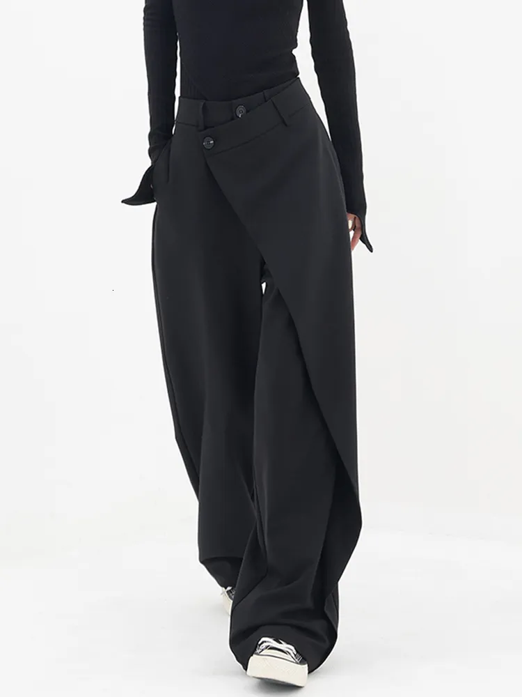 Kadın pantolon yüksek bel geniş bacak düzensiz patchwork rahat 2023 moda siyah tam uzunlukta katı yay düz pantolon 230506