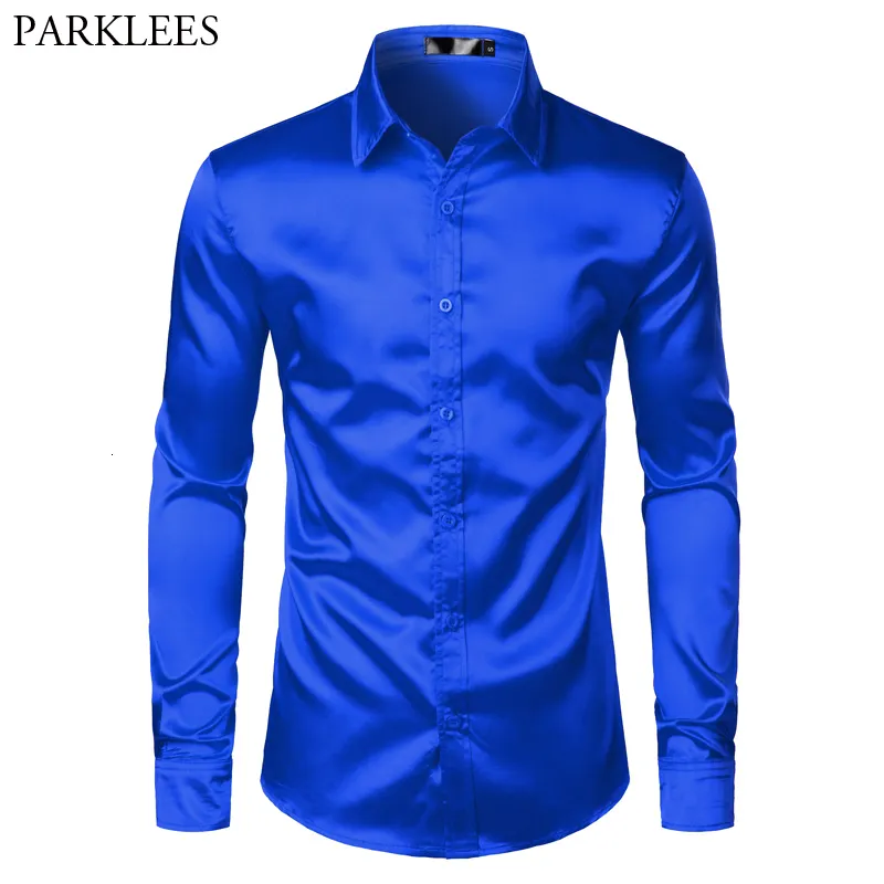 Camisas casuais masculinas Camisa de cetim de seda azul royal Homem de luxo Marca de luxo Slim fit