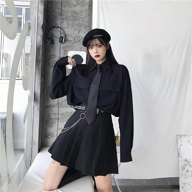 Work Dresses Korean 2024 Fashion Trends 2 Piece Skirt Sets for Women Punk Style Clothing Black Mini Skirt and Long Sleeve Shirts Goth