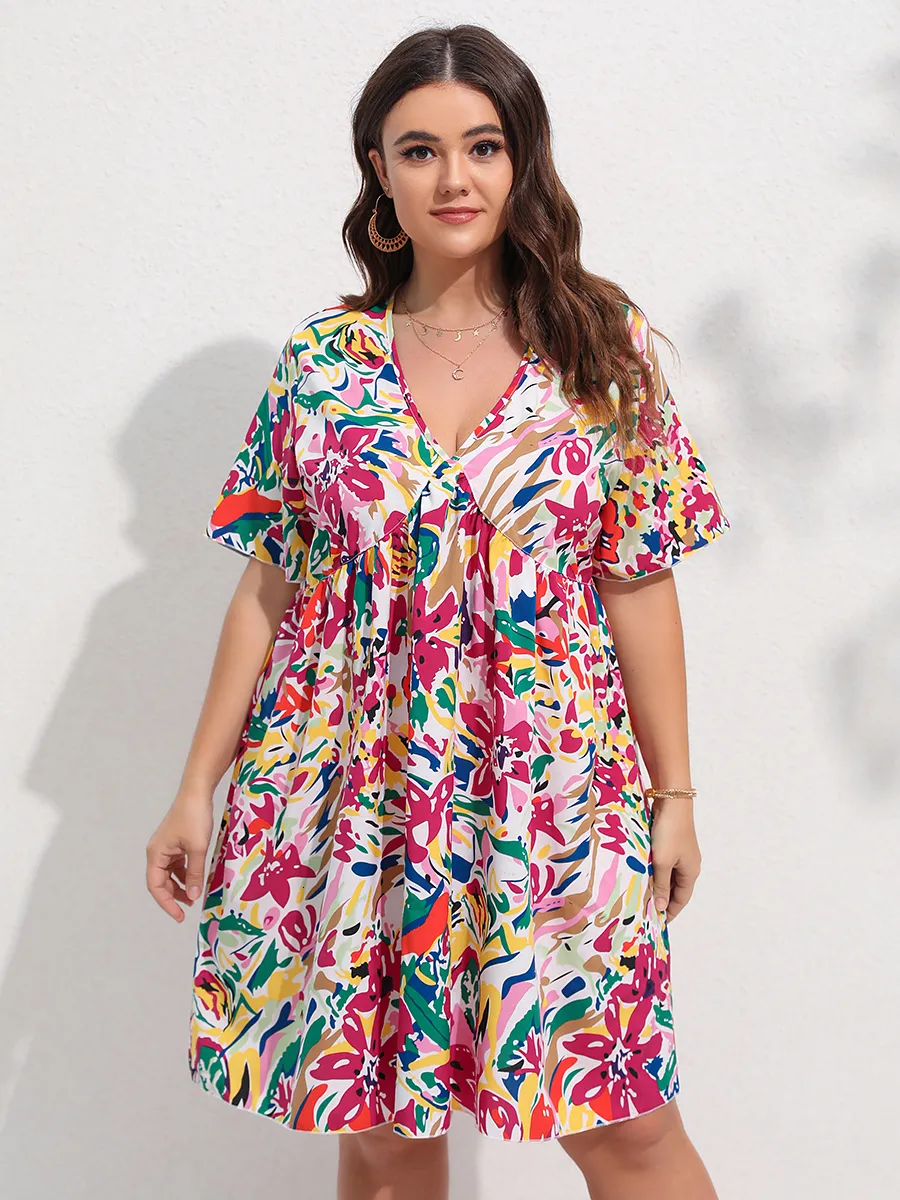 Plus size Dresses Finjani Floral Print Flutter Sleeve Smock Dress Summer Woman Plus Size Deep V-neck Knee Length Skirt 230506