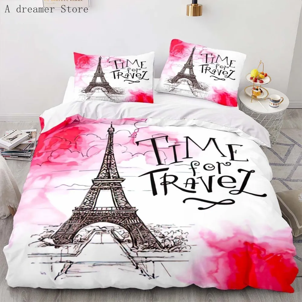 Sängkläder set Eiffeltornets täcke omslag Romantiskt par Blommande sängkläder Set King Size Microfiber France Paris CityScape Bed Set för Girl Woman 230506