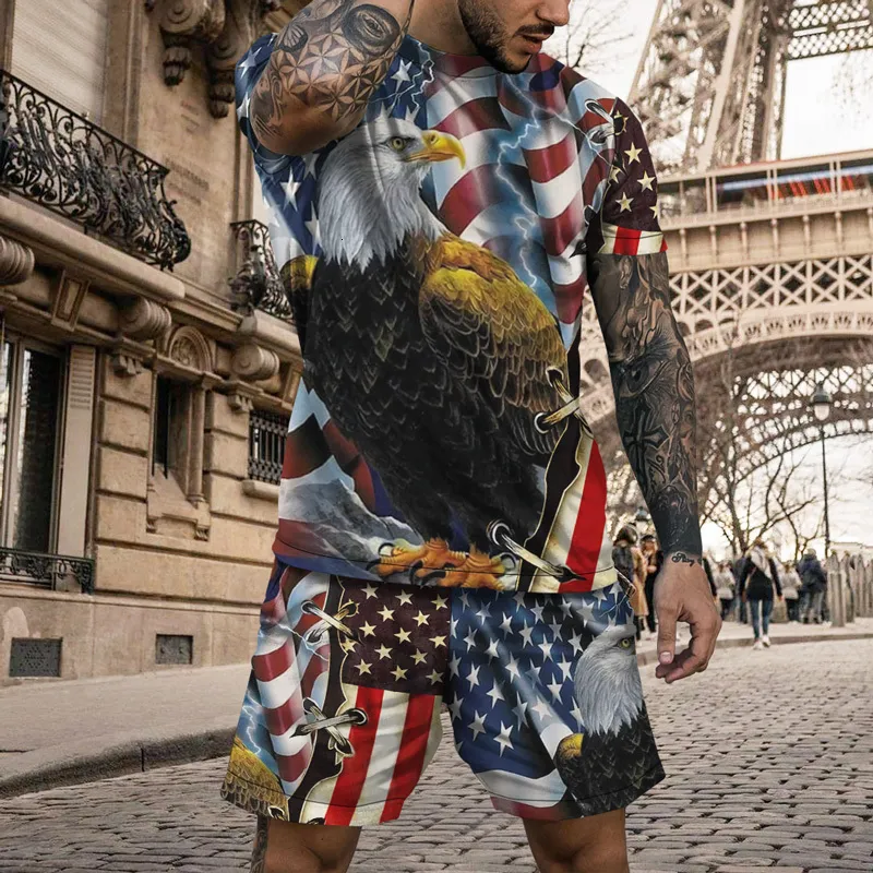 Men's Tracksuits Summer Male T-shirt Shorts 2-piece Set American Flag Print Men's Tracksuit Casual Man Clothes Set Loose Streetwear Outfit 230506