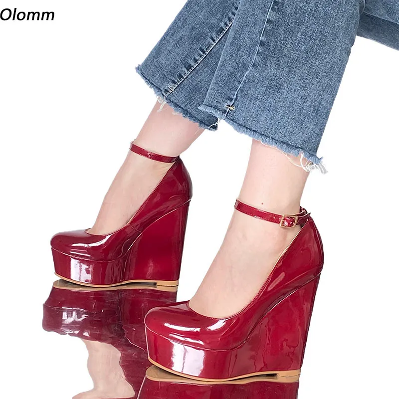 Olomm New Arrival Handmade Women Summer Shiny Pumps Ankle Strap Sexy Wedges Heels Round Toe Black Dress Shoes Size 35 52