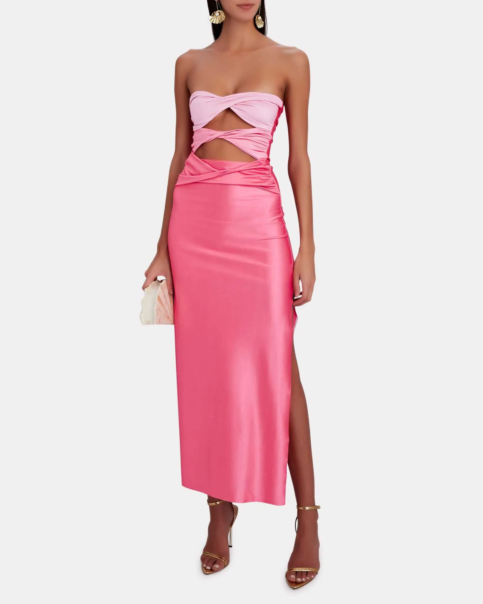 Casual Dresses Pink Women Strapless Tube Top Dress Color Patchwork Twisted Hollow Out Sleeveless Tube Dress High Split Hem Bodycon Streetwear Z0506