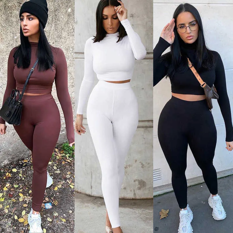 Women's Tracksuits Two Piece Sets Women Solid Autumn Tracksuits High Waist Stretchy Sportswear Hot Crop Tops And Leggings Matching Outfits P230506