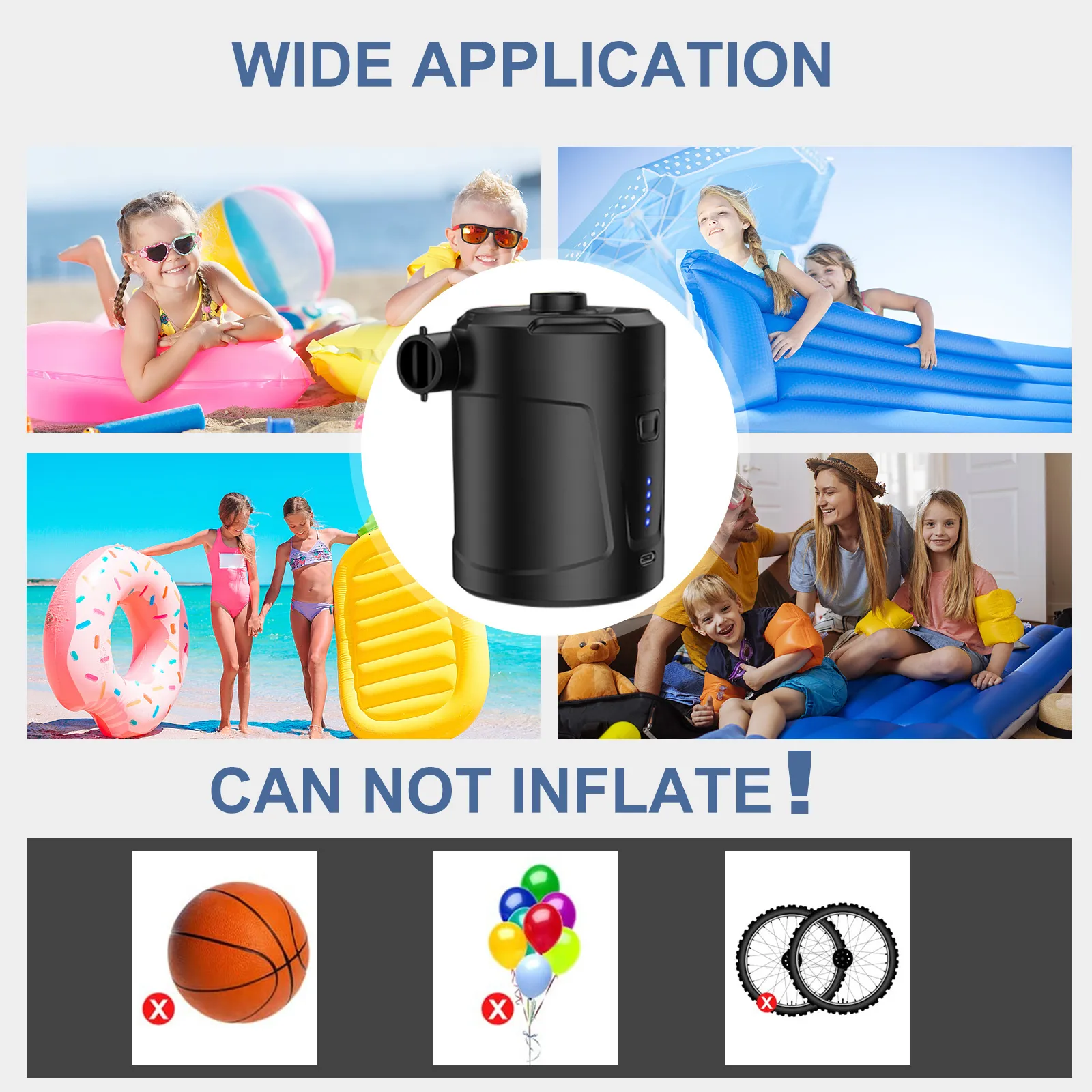 Gonfleur électrique 2-en-1 TECHSHARE – Pompe à Air Pour Matelas, Piscine, Bouée, Avec 3 Buses, 50W, Gonflage Et Dégonflage Rapide, Prise 1,8m, Compact Et Nomade