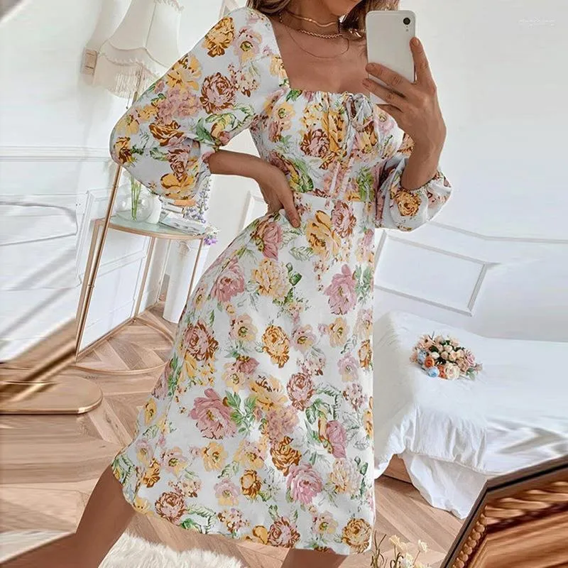 Casual Dresses Mandylandy Women Elegant Autumn Floral Print Bohemian Evening Dress Fashion Female Y2K Long Puff Sleeve Corset Vacation