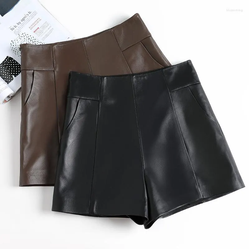 Pantaloncini da donna Abbigliamento donna Pelle di pecora nera Moda Casual Estate Pelle naturale Goth Pantaloni corti da donna a vita alta