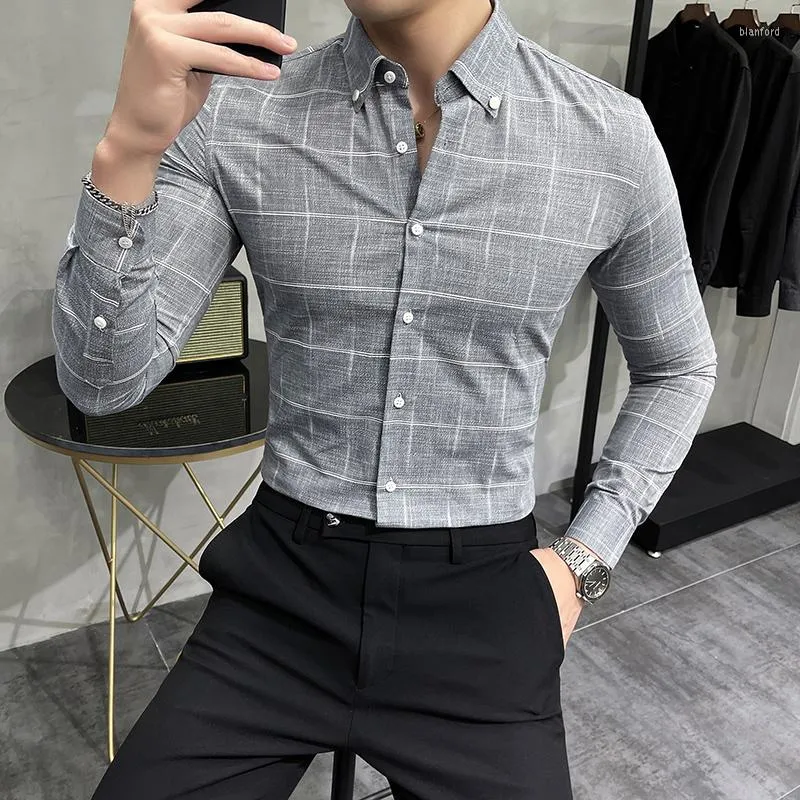 Chemises décontractées pour hommes 2023 Hommes Automne Business Chemise à carreaux à manches longues Robe formelle Simple Slim Fit All-Match Top 3XL