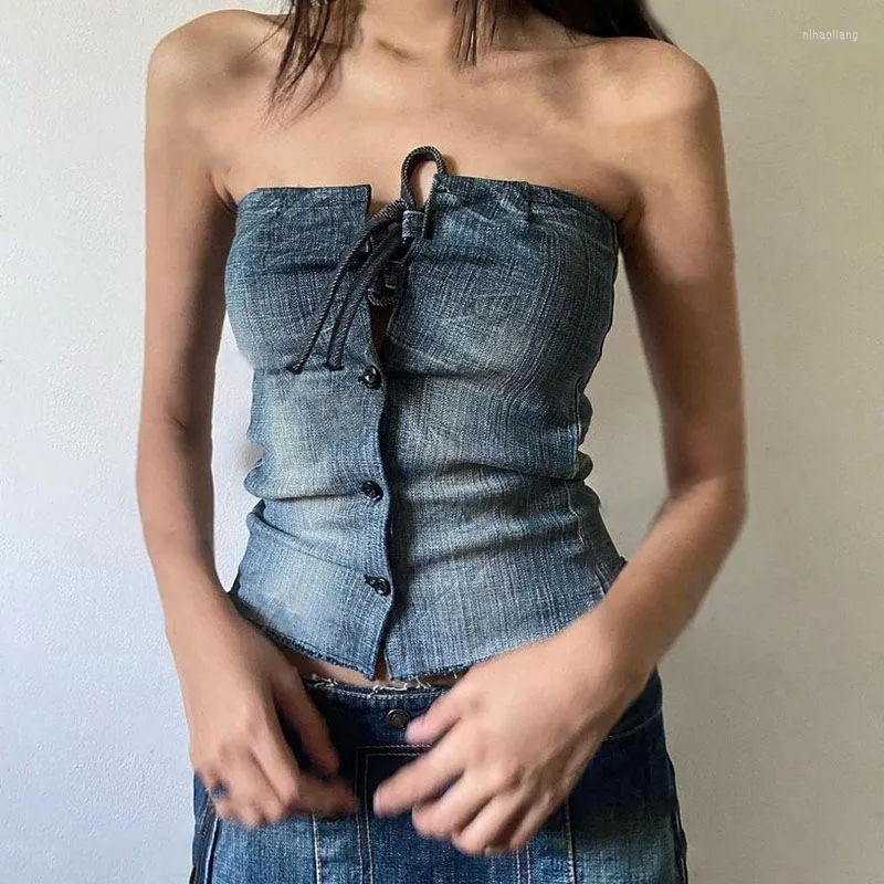 Serbatoi da donna piccante ragazza americana in stile americano blu vintage blu peccato collare in denim reggiseno femminile 2023 Summer Lace Up Slim At Fitting