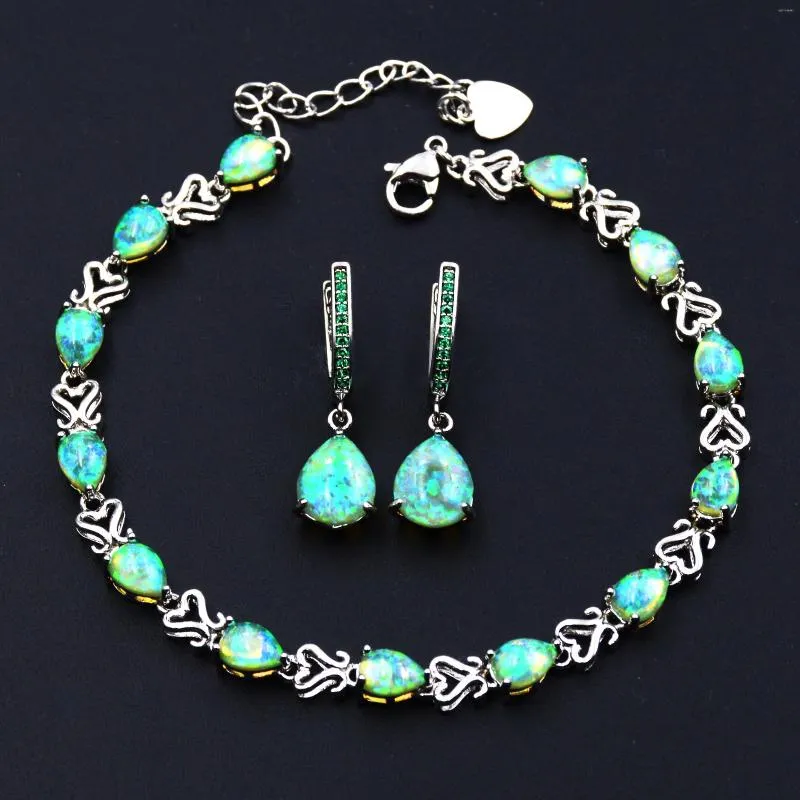 Necklace Earrings Set Green Fire Opal Earring & Bracelet Jewelry For Lady