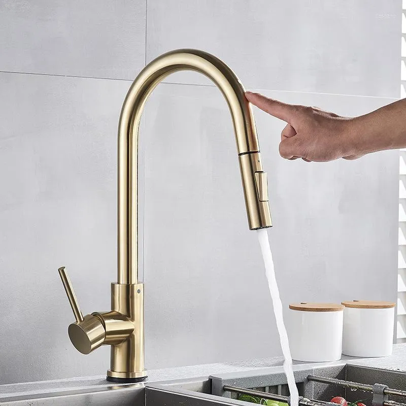 Kitchen Faucets Golden Smart Sink Faucet Pull-out Nozzle Stainless Steel Touch Foreign Trade