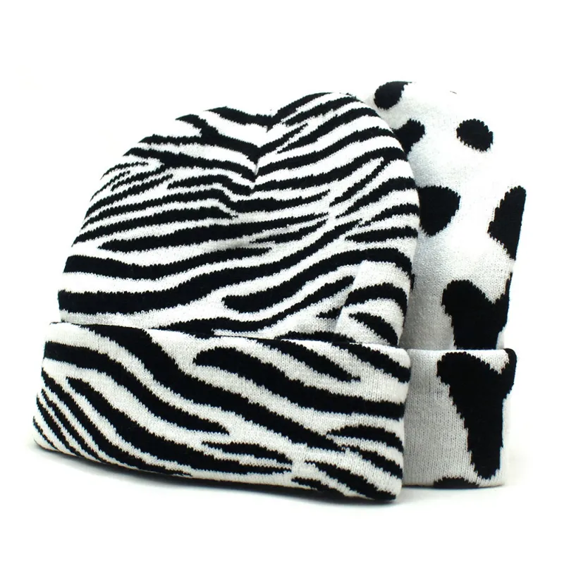 New Cow Pattern Beanie Cap Autumn Winter Knitted Winter Hats For Women Fashion White Black Striped Pullover Caps HCS359