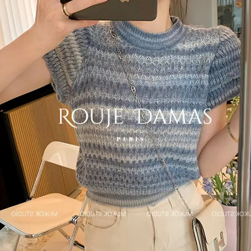 Damski T -koszulka gradient paski w paski z krótkim rękawem Sweter Top 2023 Spring Korean Pullover Delikat Słodka Urocza dama odzieży 230506