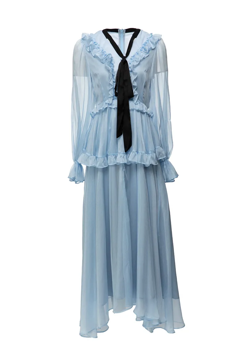 2023 Spring Blue Contrast Color Ribbon Tie Bow Dress Long Sleeve V-neck Ruffled Midi Casual Dresses D3W031901