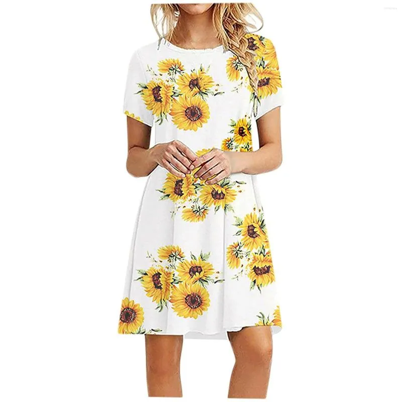 Lässige Kleider Mode Damen Kurzarm Kleid Sunflower Bedruckt O Hals Damen Lose 2023 Sommer Freizeit Bequem