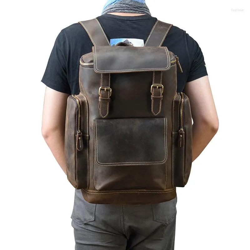 Backpack Business Crazy Horse Leather Men Backpacks Fashion Big Men's Cowhide Rucksack For 15.6'' Laptop Travel Male School Bag