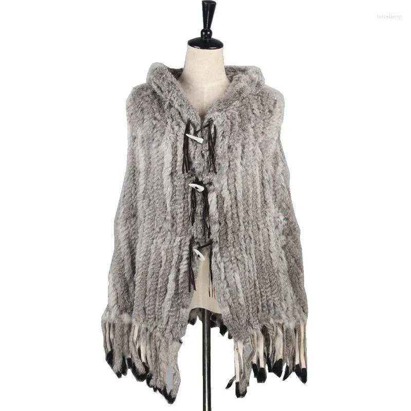 Foulards femmes véritable véritable fourrure tricotée Poncho cape avec des glands à capuche dame Pashmina châles femme Wrap VF7020