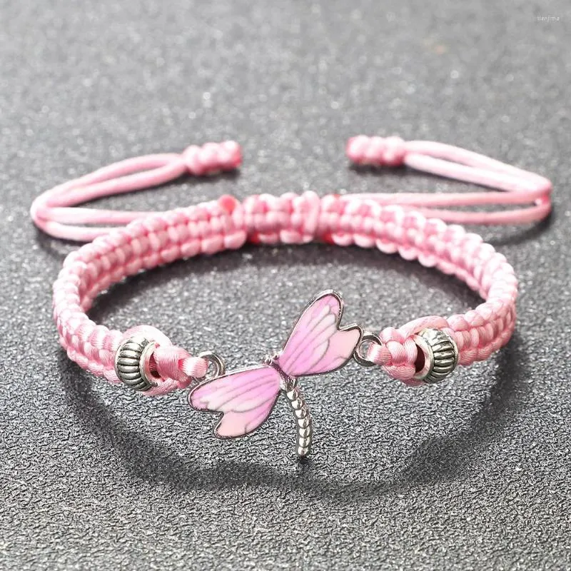 Strand Charm Bracelet For Women Pink Enamel Painting Dragonfly Pendent Rope Adjustable Insect Chain Link Handmade Jewelry Gift