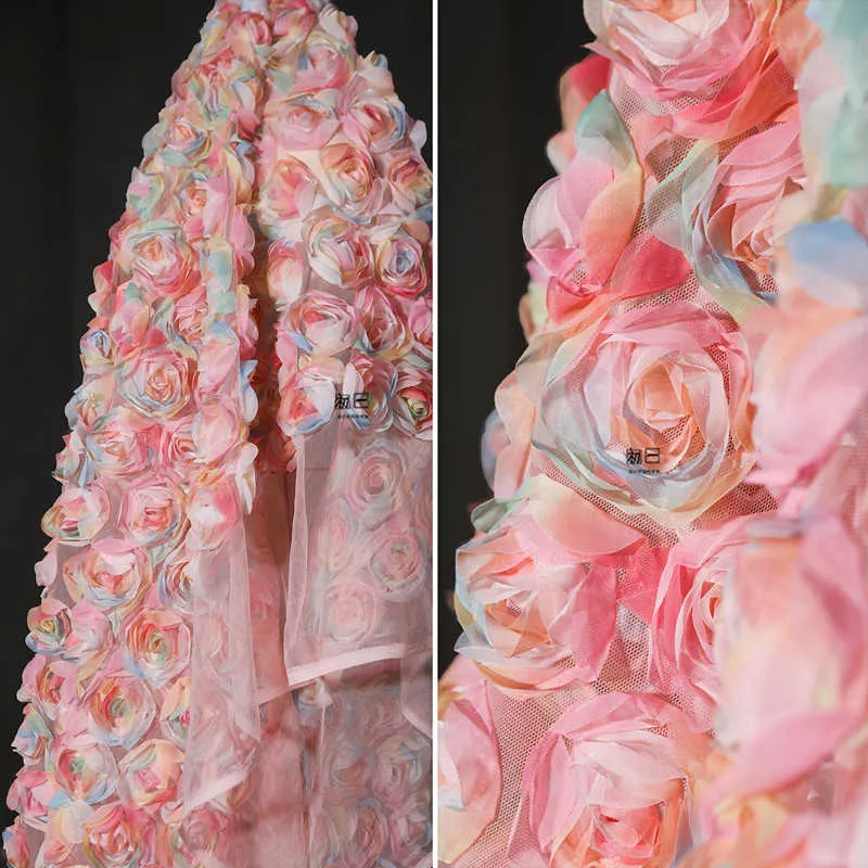 Fabric Pink three dimensional pink semi transparent yarn diy creative wedding dress background decoration designer fabric P230506