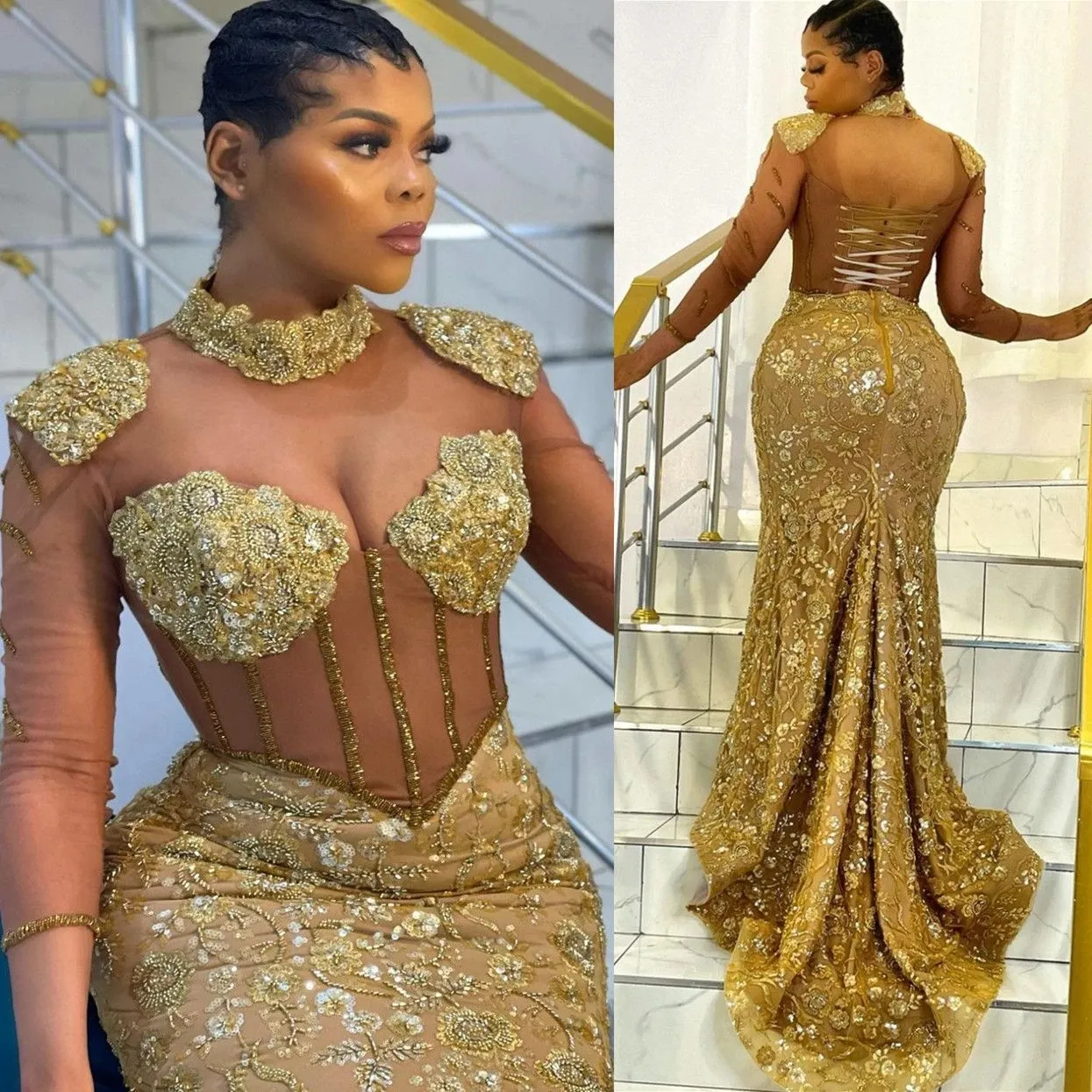 2032 Gold plus size sereia baile vestidos mangas compridas cristais de pescoço alto renda de renda de renda de renda de renda de noite vestido de noite