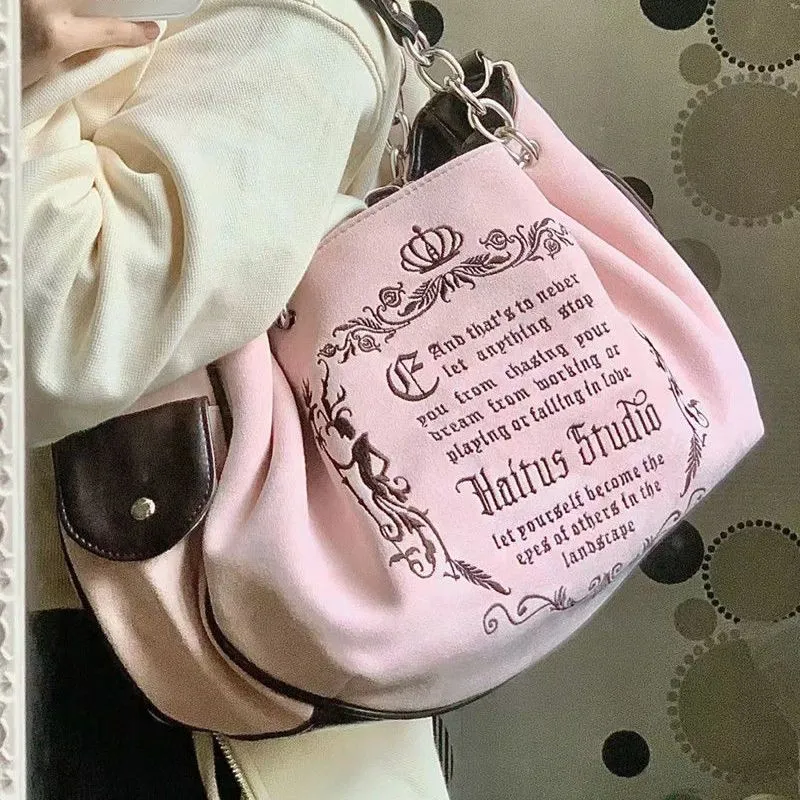 Avondtassen Y2K Dames Roze Vintage Gothic Tote Bag Esthetische Grote Capaciteit Borduren Letter Retro Dames Grunge Chain Travel Schoudertas 230506