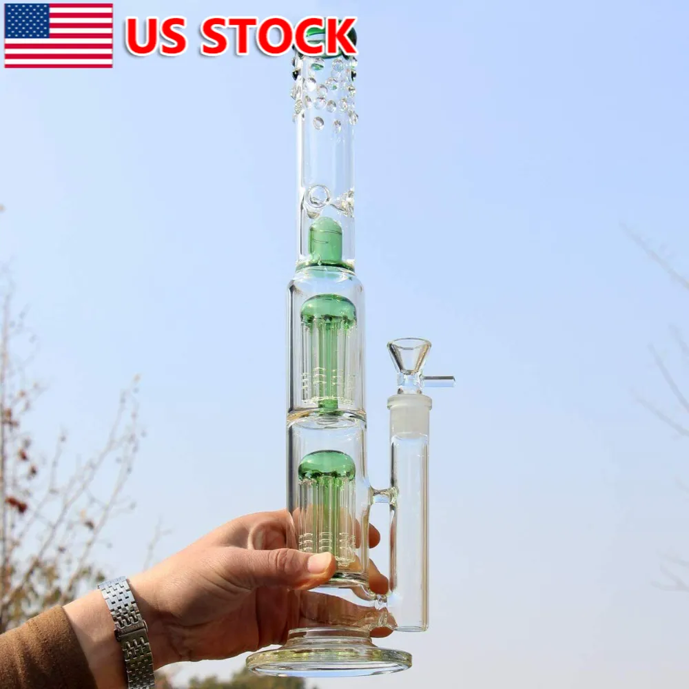 15" Shisha-Becher Glasbong Wasserpfeifen Dab Rig Catcher dickes Material zum Rauchen Green Tube Bong Doppelperkolator Glasbong Recycler Rauchen Shisha-Pfeife