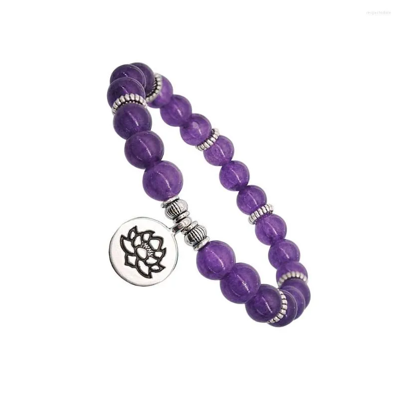 Strand Élastique Perlé Bracelet Charme Fleur De Lotus Pendentif Bouddhiste Chaîne Bracelet Améthyste Bracelet Méditation Élastique