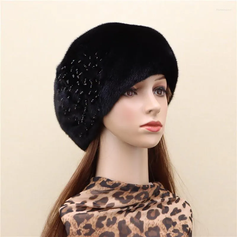 Bérets produit chapeau de béret de vison entier femme importé en cuir clignotant diamant mode coréenne hiver