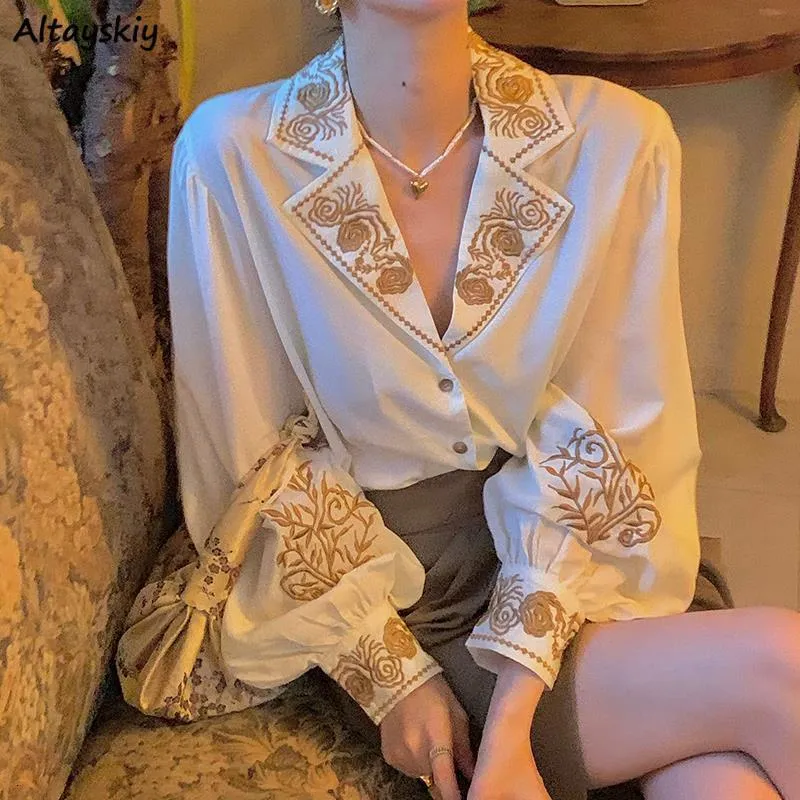 Kvinnors blusar Skjorta lanthylsan skrapad tryckt temperament casual koreansk stil fransk retro elegant alla matchar damer 230506
