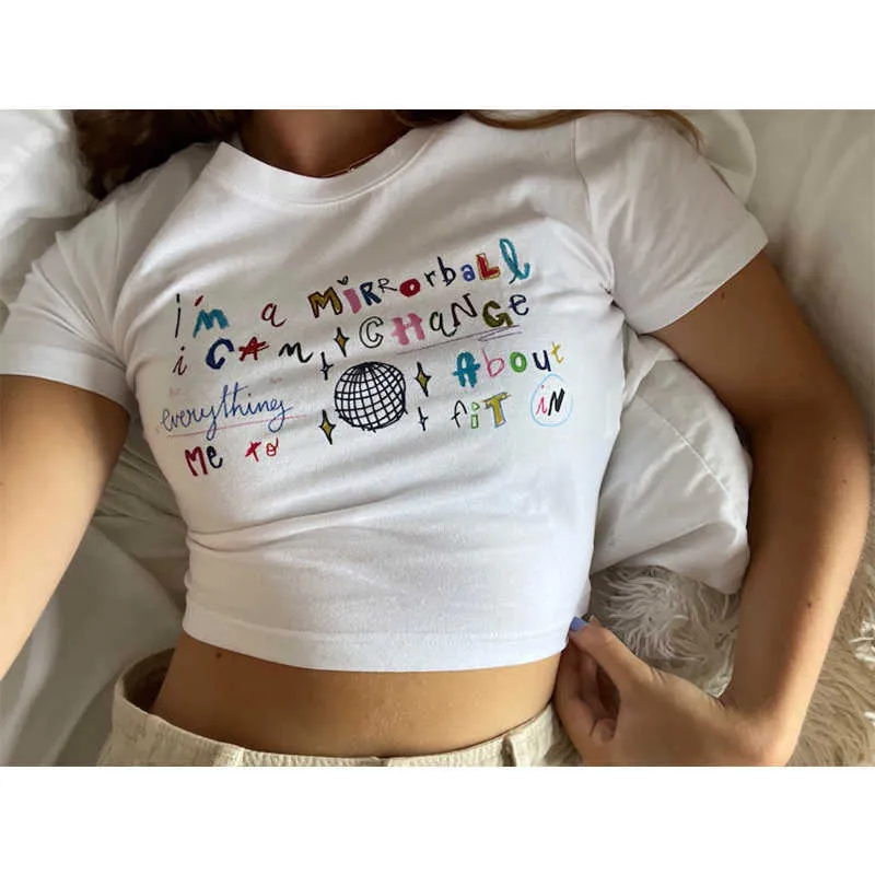 Women's T-Shirt Kawaii Letter graphic print crop Top Oneck basic top women tshirt streetwear aesthetics Cheap wholesale clothes y2k tee shirt Z0506