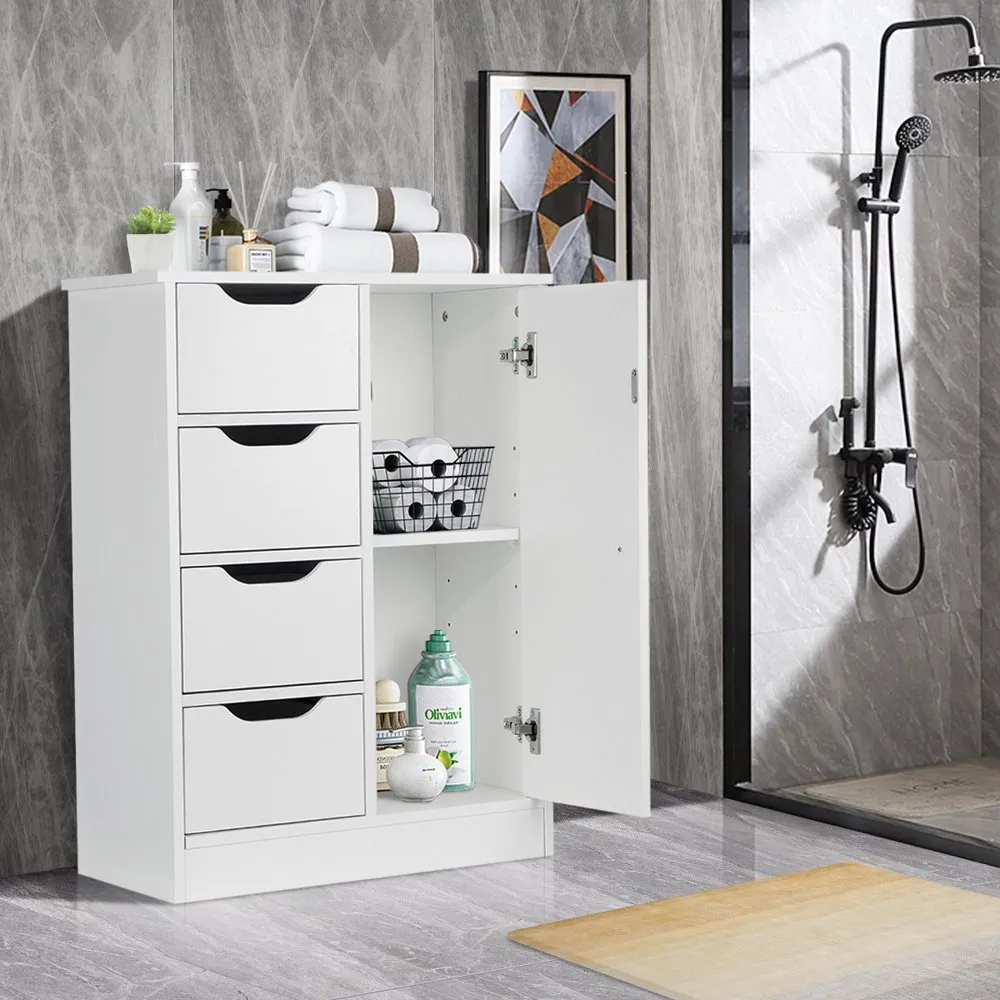 Badezimmer-Bodenschrank aus Holz, freistehender Schrank, Aufbewahrungs-Organizer mit 4 Schubladen und 1 Schrank, verstellbarem Regal, weiß