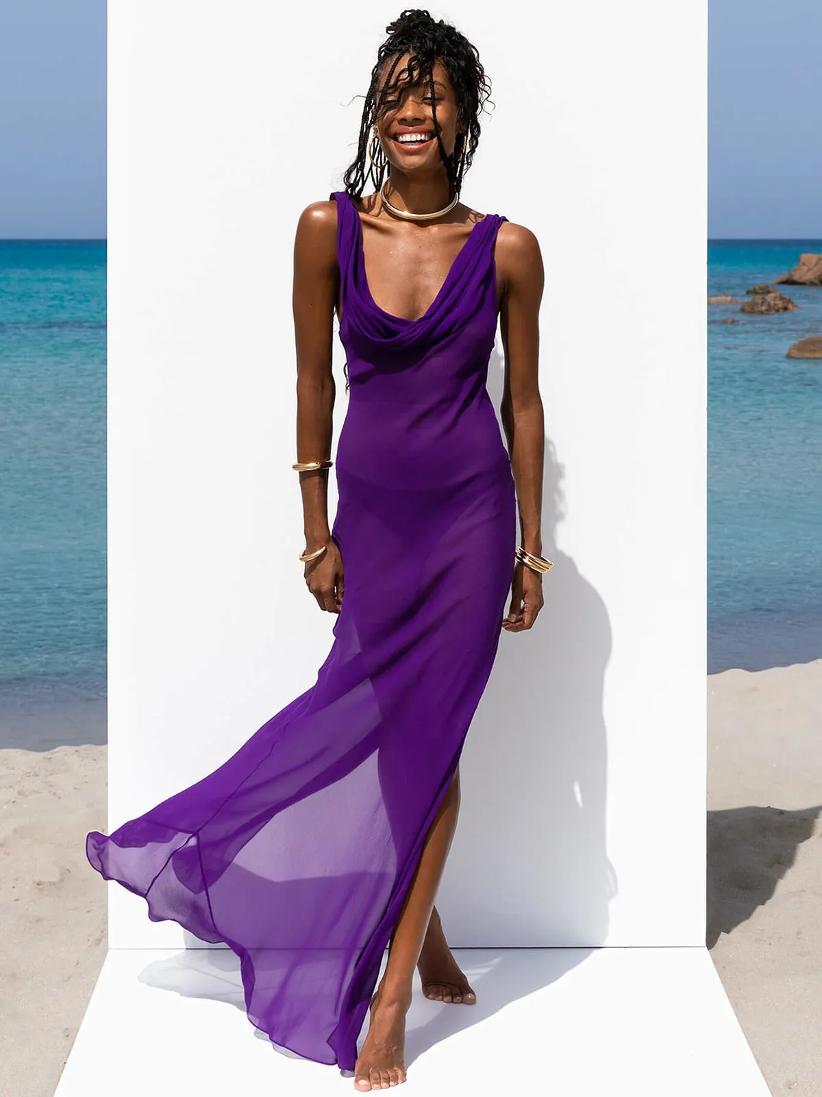 Purple Womens Boho Floral Maxi Dress Summer Slit Beach Dress