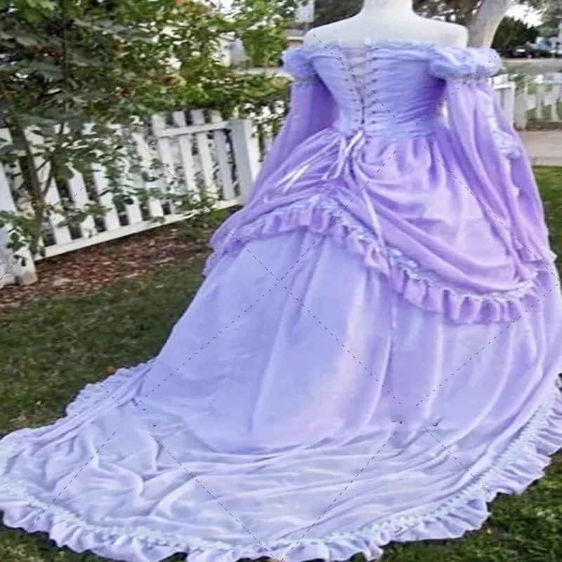 Retro Gothich Lilac Lavender Wedding Dresses Plus Size Long Sleeve Lace-up Corset Renaissance Costume Holloween bridal gowns