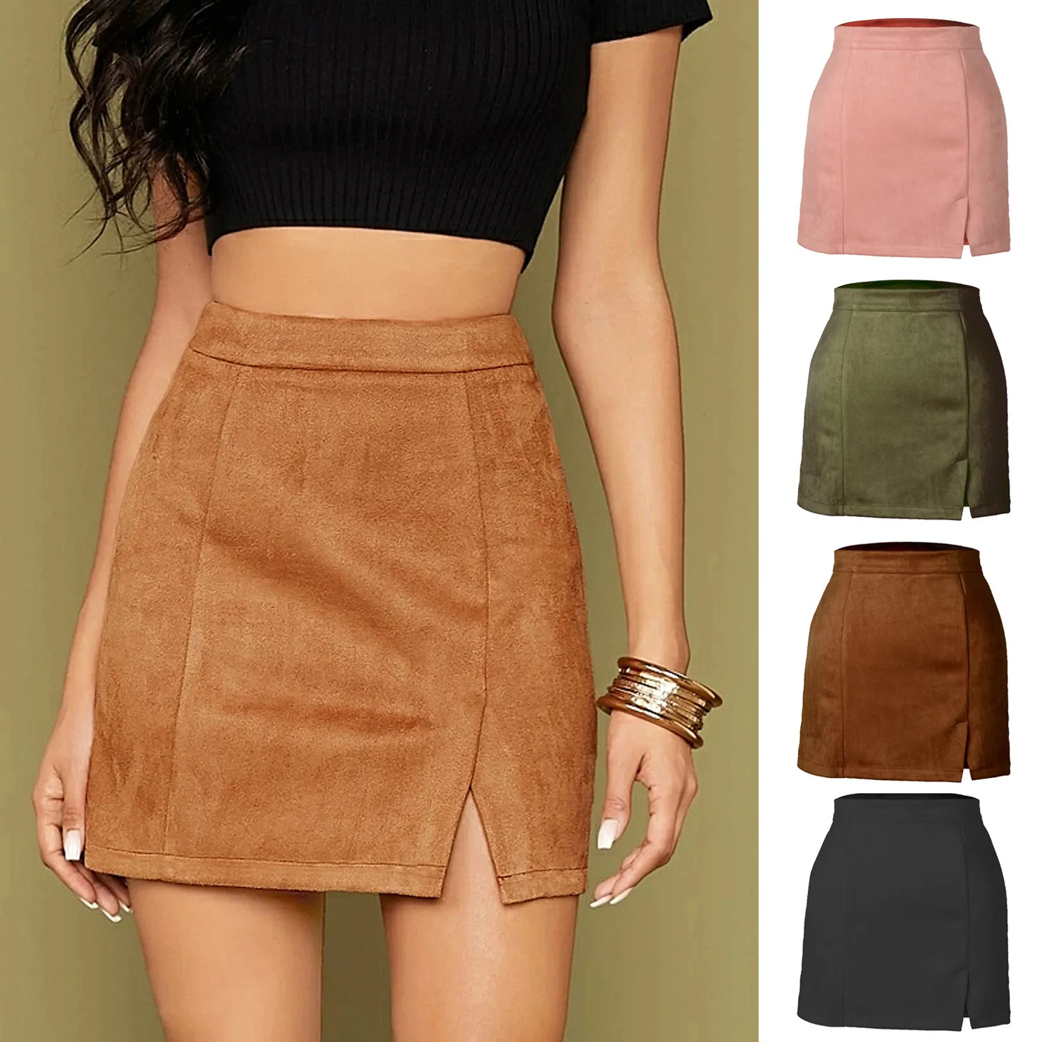 Skirts Autumn and Winter Women's Suede Bag Hip Skirt High Waist Skirts with Zipper A-line Solid Colors Jupe Taille Haute 230506