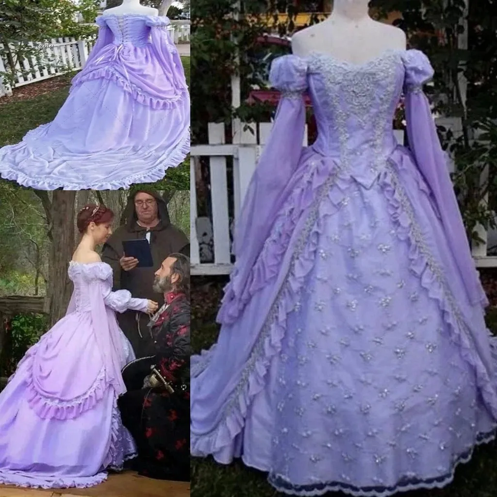 الرجعية Gothich Lilac Lavender Dresses بالإضافة إلى حجم طويل الأكمام من الدانتيل مشد النهضة أزياء Holloween الزفاف 322