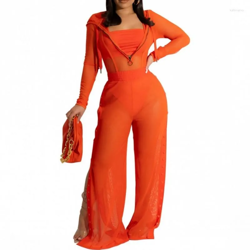 Women's Two Piece Pants Solid Breasted See-through Mesh Wide-leg Suit Set Summer Women Clothing Bodysuit Tank 3pcs Sexy Outfit
