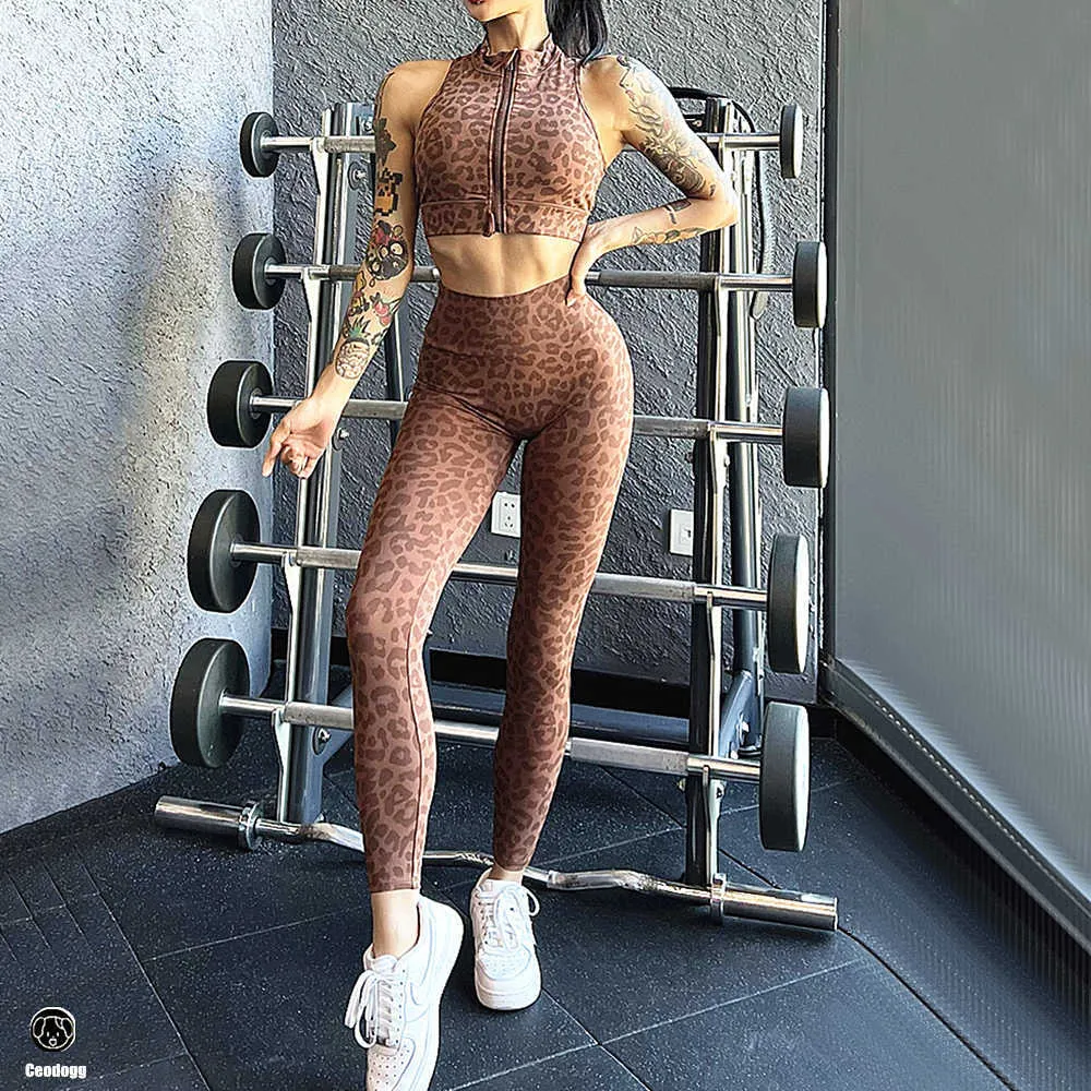 Tracksuits voor dames 2023 Zipper Leopard Print Sport Gym Yoga Sets Women Sport BDRA Scrunch Pants Fitness Leggings Suits Trainingskleding voor vrouwen P230506