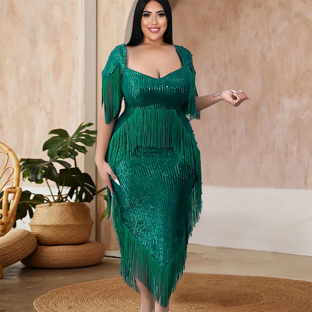 Abiti taglie forti Abiti eleganti da donna chic per il ballo di fine anno Plus Size Paillettes con frange in raso Abito lungo per ospiti di nozze Abito da sera femminile 230506