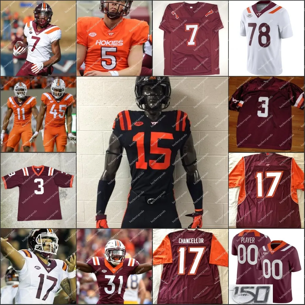 Personalizado Virginia Tech Hokies Futebol Jersey 3 Braxton Burmeister Grant Wells Raheem Blackshear Tayvion Robinson Tre Turner Alan Tisdale