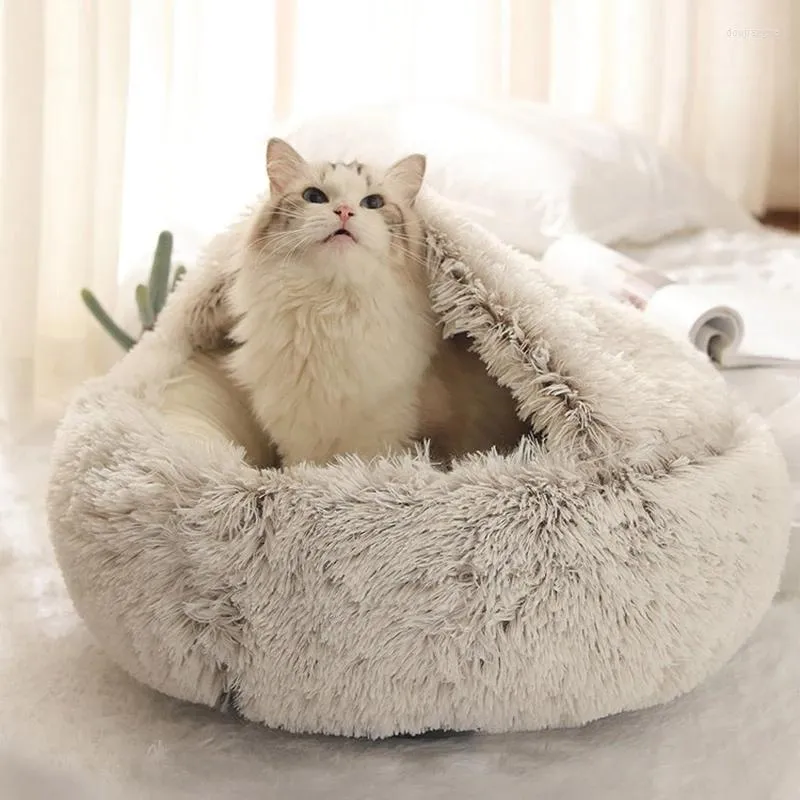 Lits de chat lit d'hiver rond en peluche chaud doux animal de compagnie pour long tapis petits chiens chiot sac de couchage nid de chats