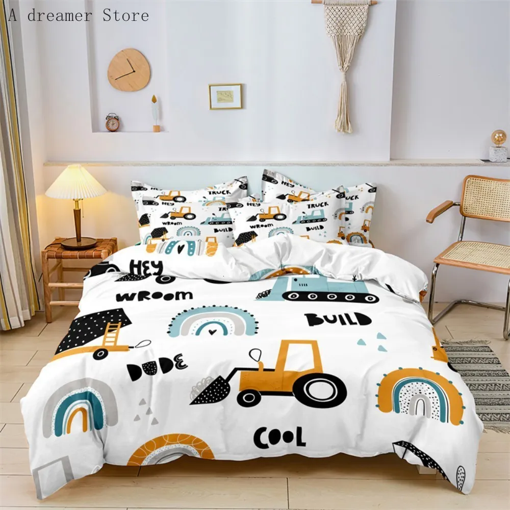 Bedding sets Boys Cartoon Car Bedding Set Construction Vehicles Comforter Cover 2/3pc Kids Cartoon Machinery Truck Soft Polyester Duvet Cover 230506