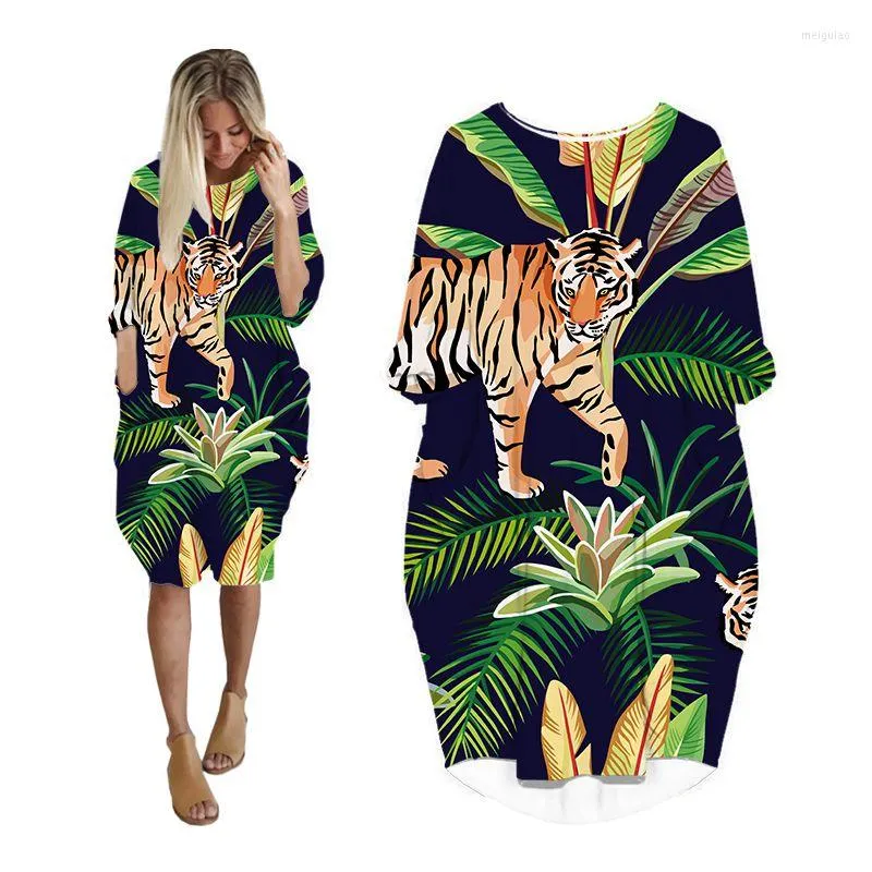 Casual klänningar för kvinnor tryckt tropiska tiger streetwear punk långärmad kvinnkläder plus storlek kläder midi kvinnlig klänning