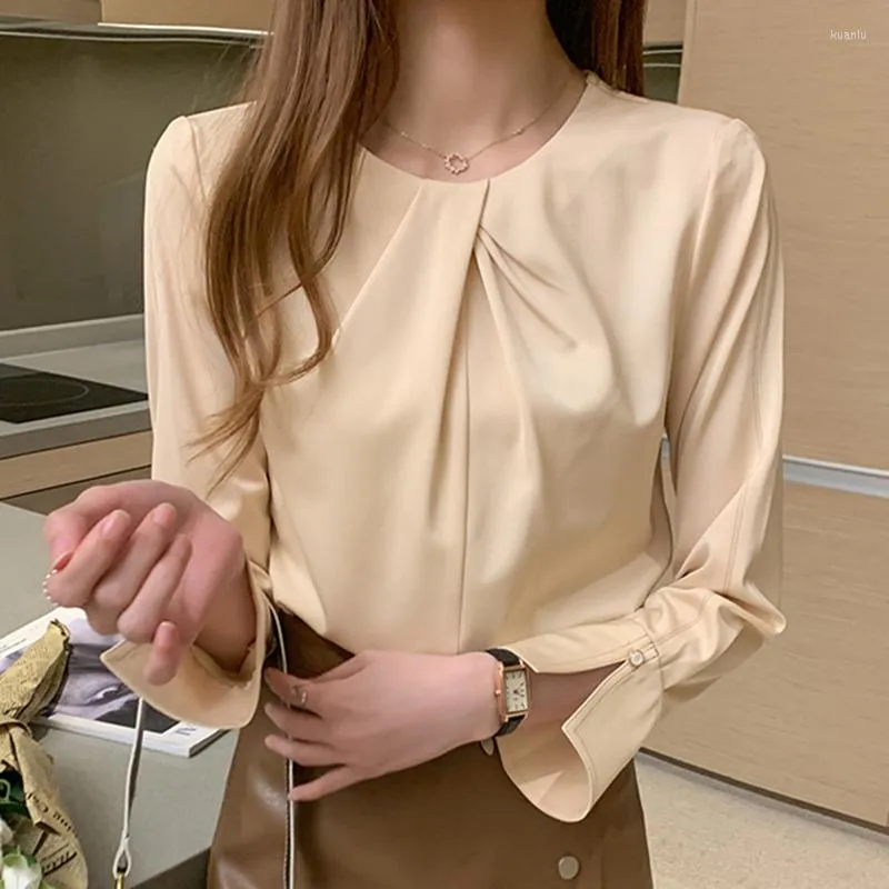 Women's Blouses Women Chiffon Blouse Long Sleeve Shirt 2023 Spring Autumn Woman Clothing Solid O-Neck Folds Femme Camisas De Mujer