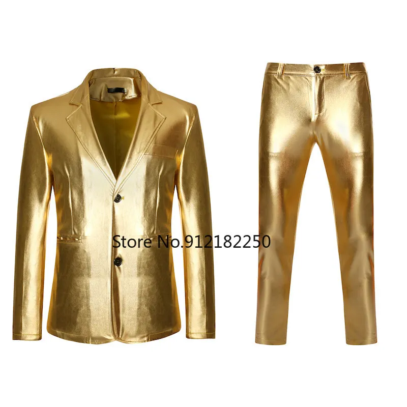 男性Sスーツブレザー光沢のあるゴールド2ピースブレザーパンツテルノマスクリノファッションパーティーDJクラブドレスタキシードスーツ男性ステージシンガー服230506