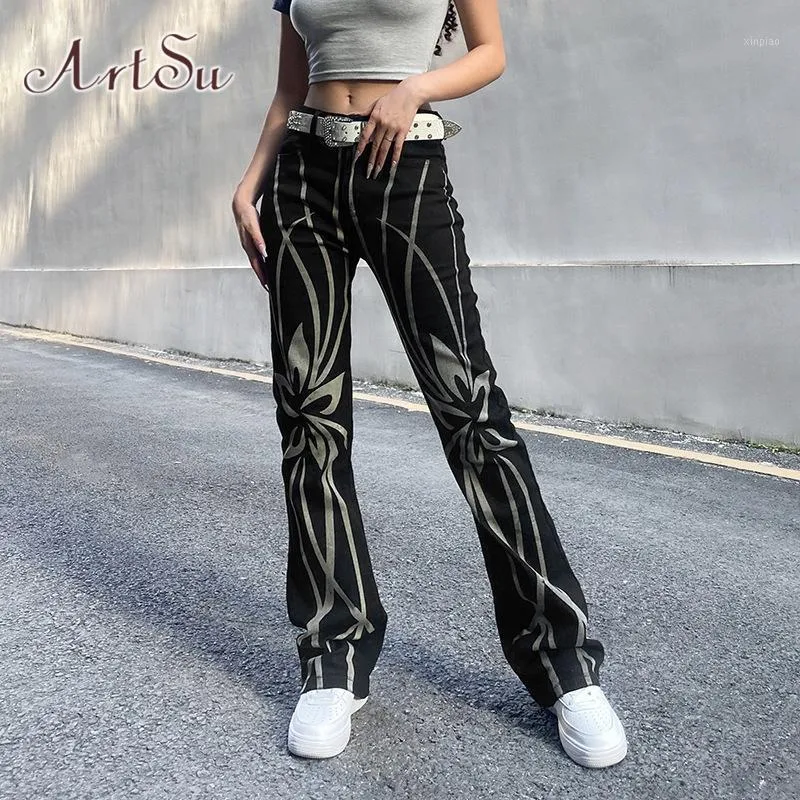 Damskie dżinsy czarne długie ubrania Y2K moda drukowana vintage spodni joggers damskie streetwear wysoko taliny proste dżinsowe spodnie